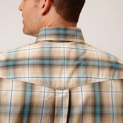 Roper Men's Khaki Blue & Tan Plaid Long Sleeve Shirt -Western Cowboy Equipment Shop 0300103784047b