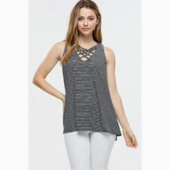Women's Black And White Stripe Criss Cross Tank