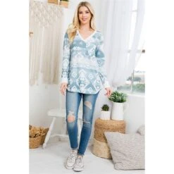 Aztec Print V Neck Long Sleeve Top