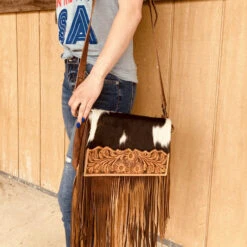 American Darling Brown White Hide And Fringe Purse -Western Cowboy Equipment Shop ADBG524BRW 1