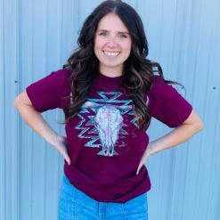 Burgundy Aztec Skull Tee -Western Cowboy Equipment Shop AZTECSKULL