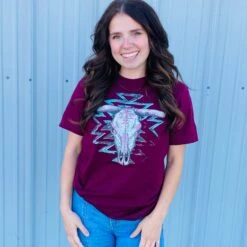 Burgundy Aztec Skull Tee -Western Cowboy Equipment Shop AZTECSKULLa