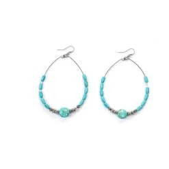 4" Green Turquoise & Silver Disc Beaded Hoop Earrings -Western Cowboy Equipment Shop E1261b