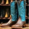 Tanner Mark Ladies Brown Ostrich With Turquoise Tooling Square Toe Boots -Western Cowboy Equipment Shop TMBOOT